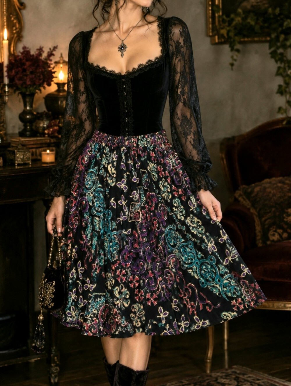 Whimsigoth Vintage Gothic Imported Fabric Black Baroque Smocked Waist Skirt